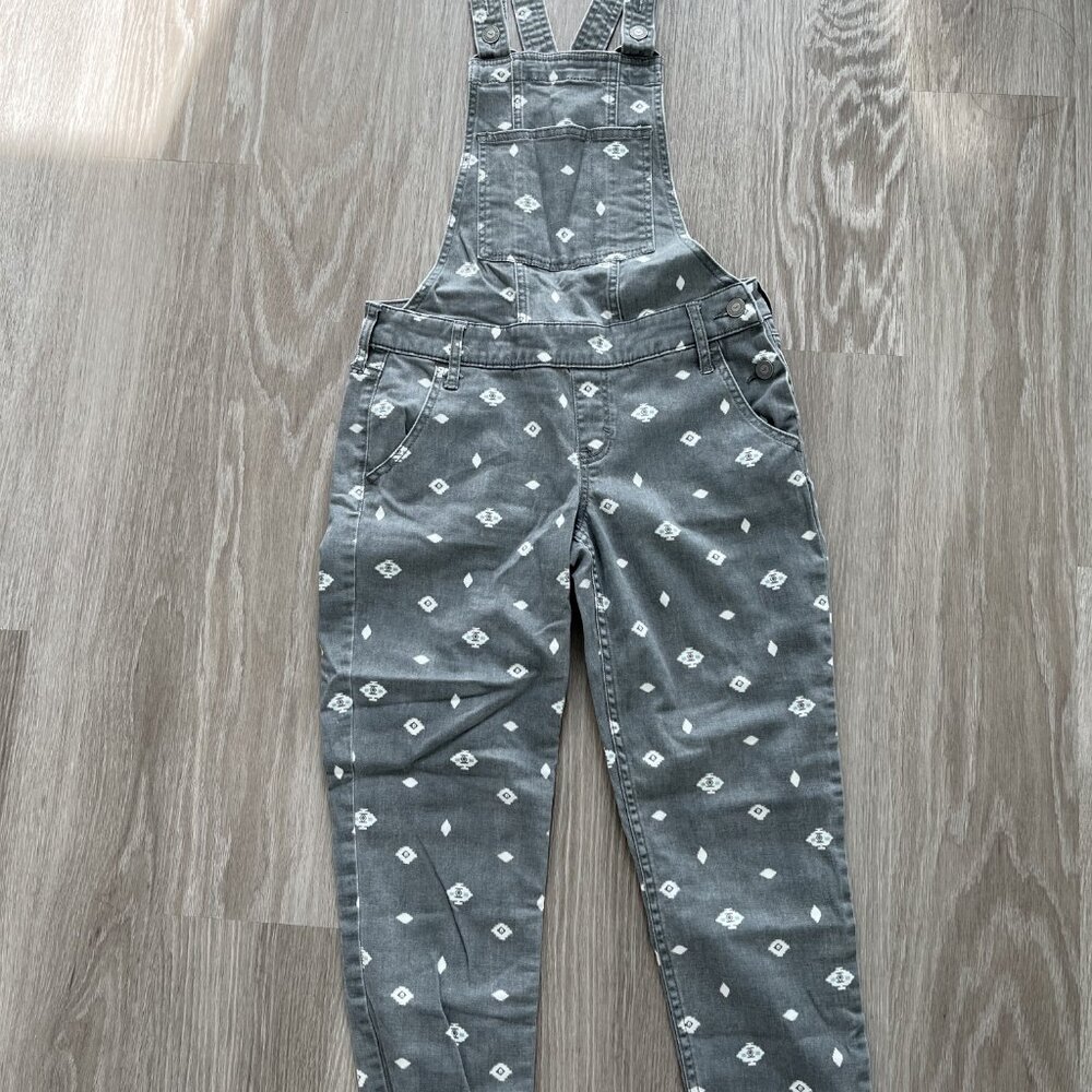 Hollister Denim Gray Long Bib Jumpsuit Cuffed Aztec Print Women's Size XS